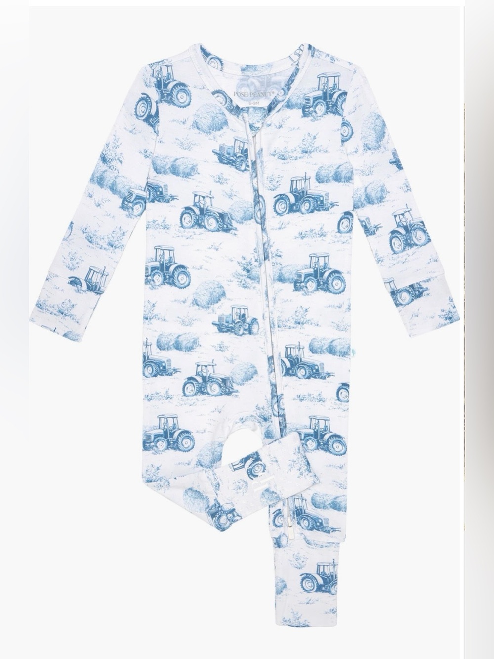 Posh Peanut Fitted Convertible One-Piece Pajamas in Blue Tractor Print 9-12 mo